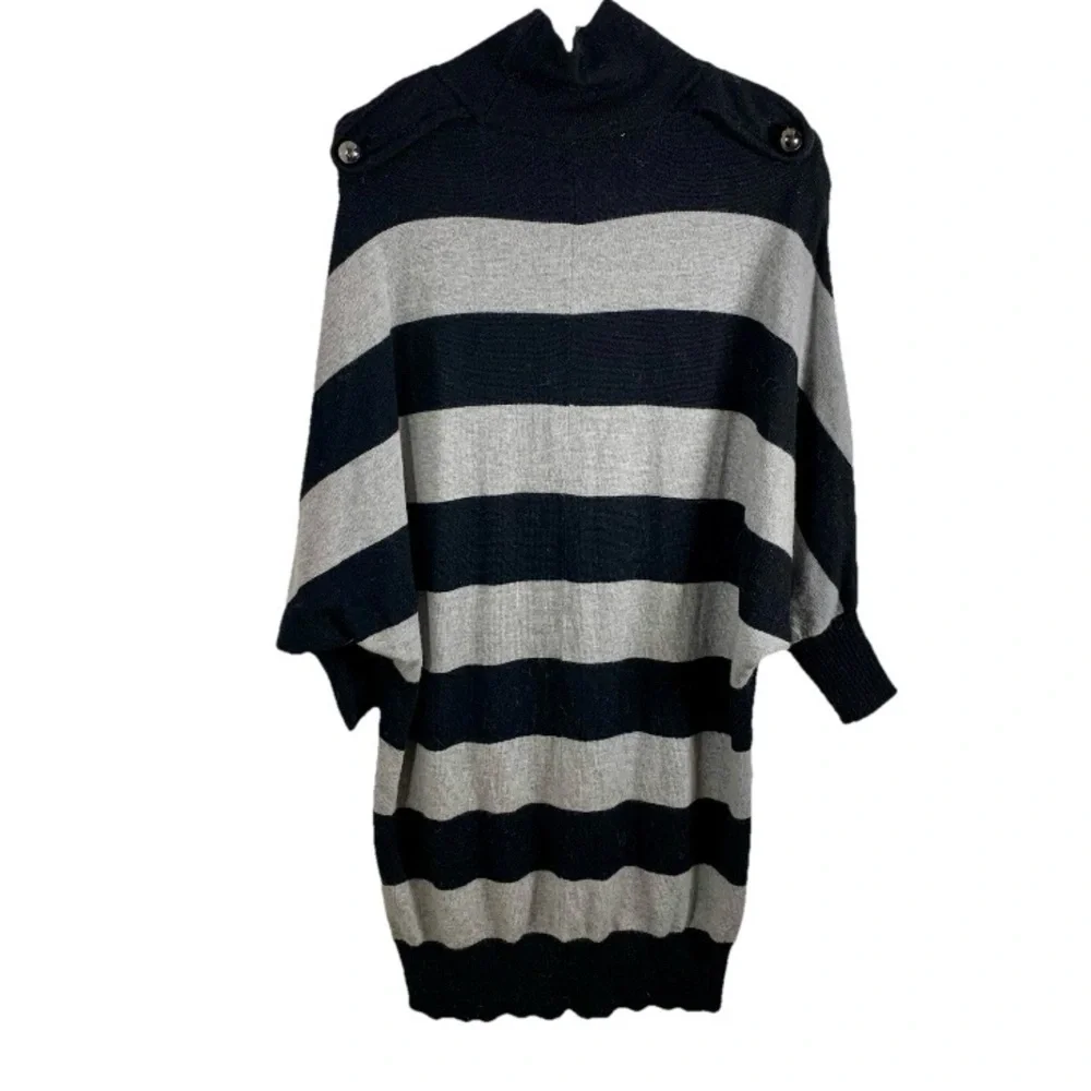 Tory Burch Merino Wool Sweater Dress L Black Gray Stripe Pockets‎ Dolman Sleeves